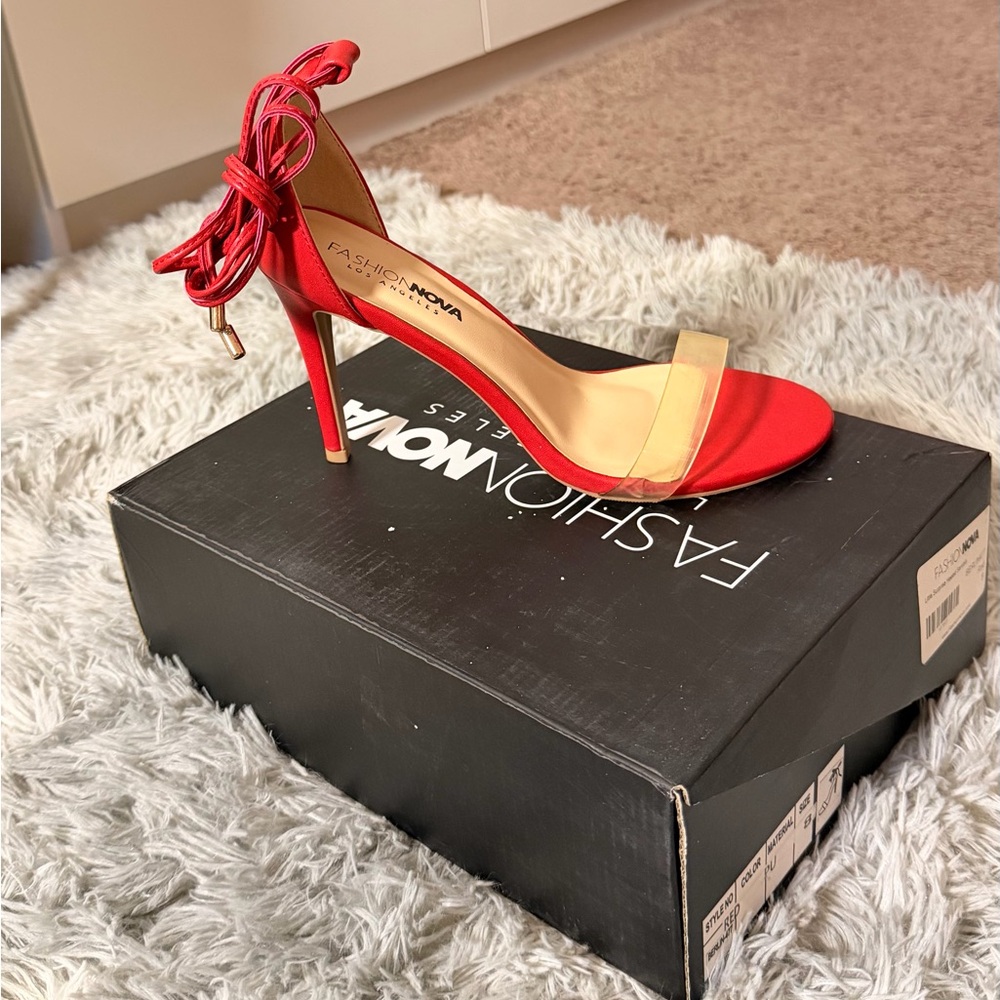 Fashion Nova Red Stiletto Sandals with Clear Toe Strap